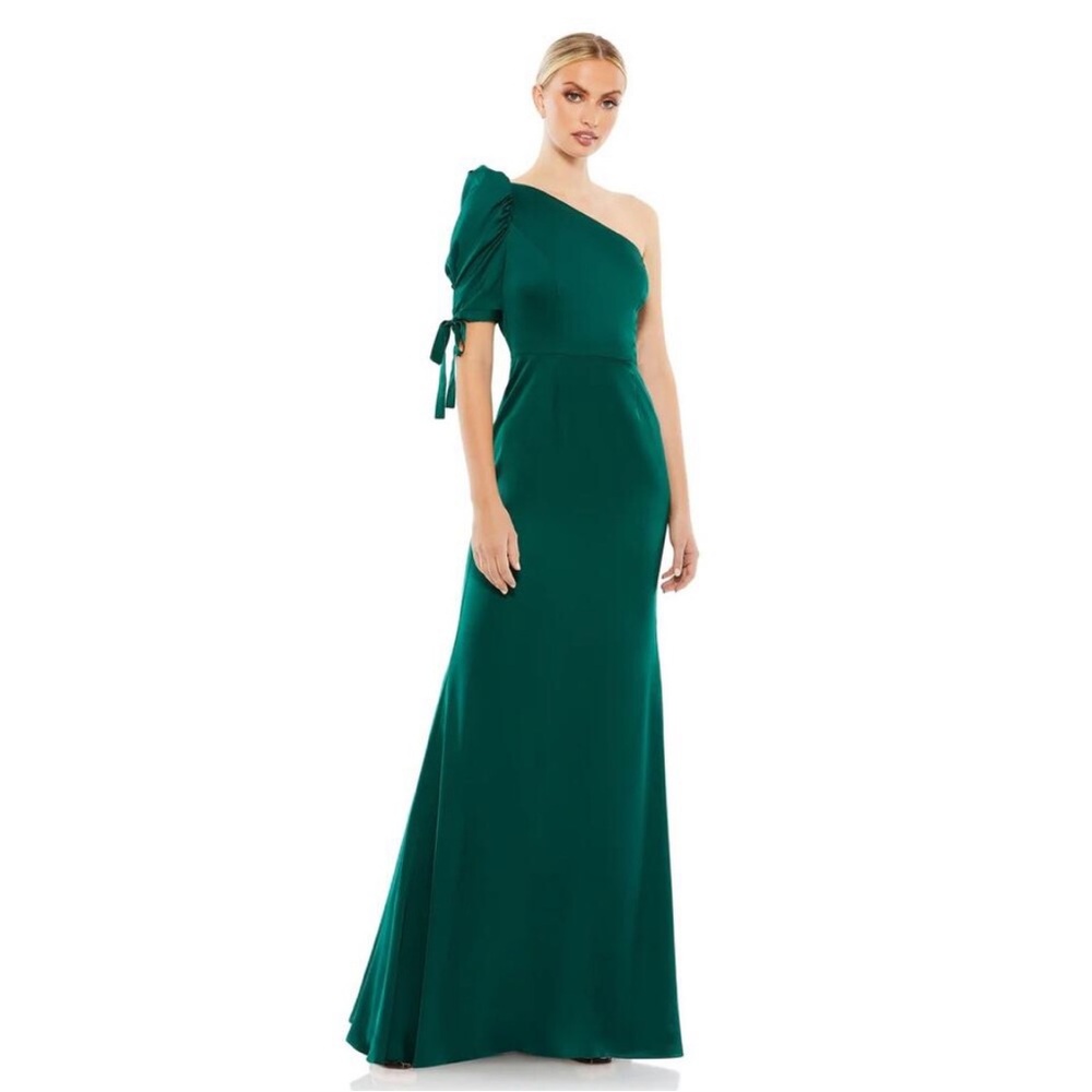 Ieena for MacDuggal dark green one shoulder puff sleeve maxi dress size 0